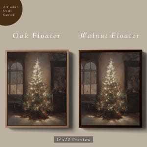 May include: A preview of a 16x20 inch Christmas tree painting printed on canvas. The painting shows a Christmas tree with lights and ornaments in a room with a window. The canvas is available in two frame options: oak floater and walnut floater.
