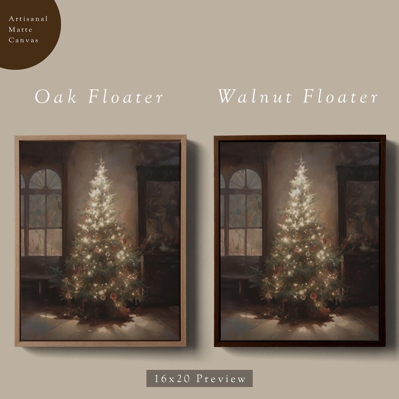 May include: A preview of a 16x20 inch Christmas tree painting printed on canvas. The painting shows a Christmas tree with lights and ornaments in a room with a window. The canvas is available in two frame options: oak floater and walnut floater.