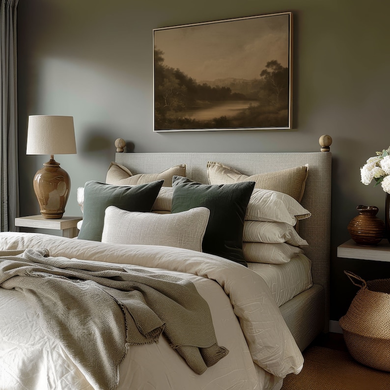 Puede incluir: Una cama con un edred&oacute;n blanco y una manta de color verde y marr&oacute;n. La cabecera de la cama es de tela beige y marco de madera marr&oacute;n. Hay varias almohadas en la cama, incluyendo una almohada de terciopelo verde, una almohada beige y una almohada blanca. La cama est&aacute; en una habitaci&oacute;n con una pared verde y una pintura en la pared.