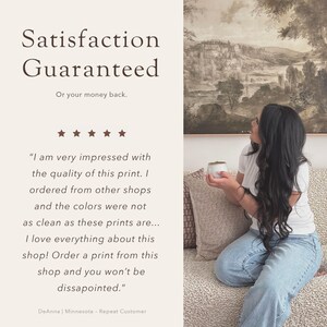 May include: A customer review with five stars and a quote about the quality of prints. The quote reads "I am very impressed with the quality of this print. I ordered from other shops and the colors were not as clean as these prints are... I love everything about this shop! Order a print from this shop and you won't be disappointed." The review is attributed to DeAnna from Minnesota, a repeat customer.