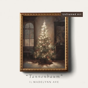 Unframed art print titled 'Tannenbaum' featuring a vintage-style Christmas tree glowing with lights in a softly lit room, presented with an antique-style gold frame (frame not included).