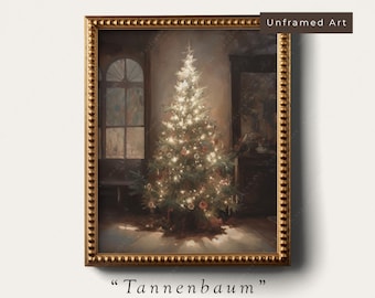 May include: A painting of a Christmas tree with white lights and ornaments in a room with a window and a mirror. The painting is framed in a gold frame and has the text "Tannenbaum" by Madelynn Ave.
