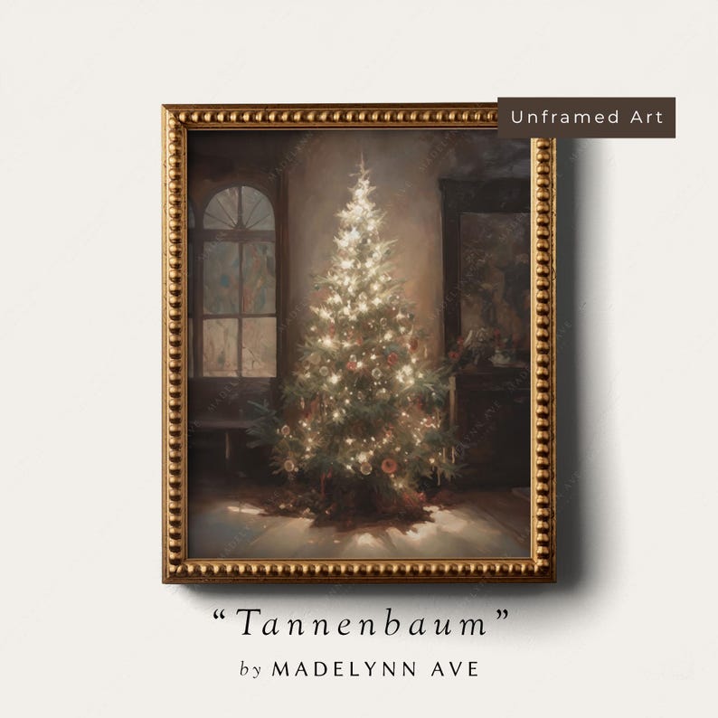 Unframed art print titled 'Tannenbaum' featuring a vintage-style Christmas tree glowing with lights in a softly lit room, presented with an antique-style gold frame (frame not included).