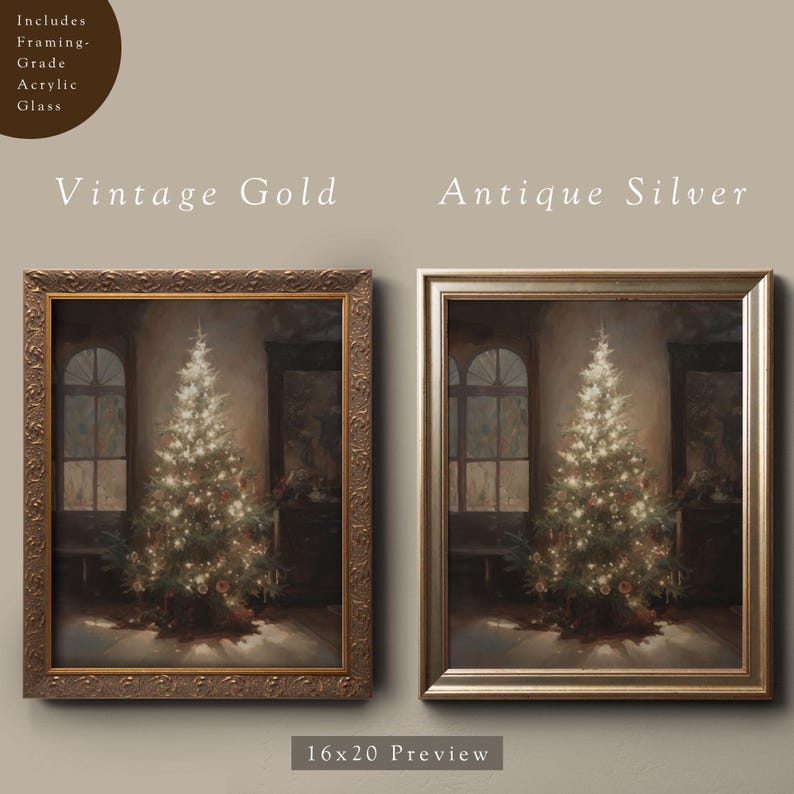 May include: A preview of a 16x20 inch Christmas tree painting in a gold frame and a silver frame. The painting depicts a Christmas tree with lights and ornaments in a room with a window.