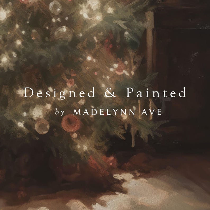 May include: A painting of a Christmas tree with lights and ornaments, with the text "Designed & Painted by MADELYNN AVE" at the bottom.