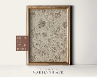 May include: A framed print featuring a vintage floral design in shades of brown and beige. The frame is gold and has a simple design.