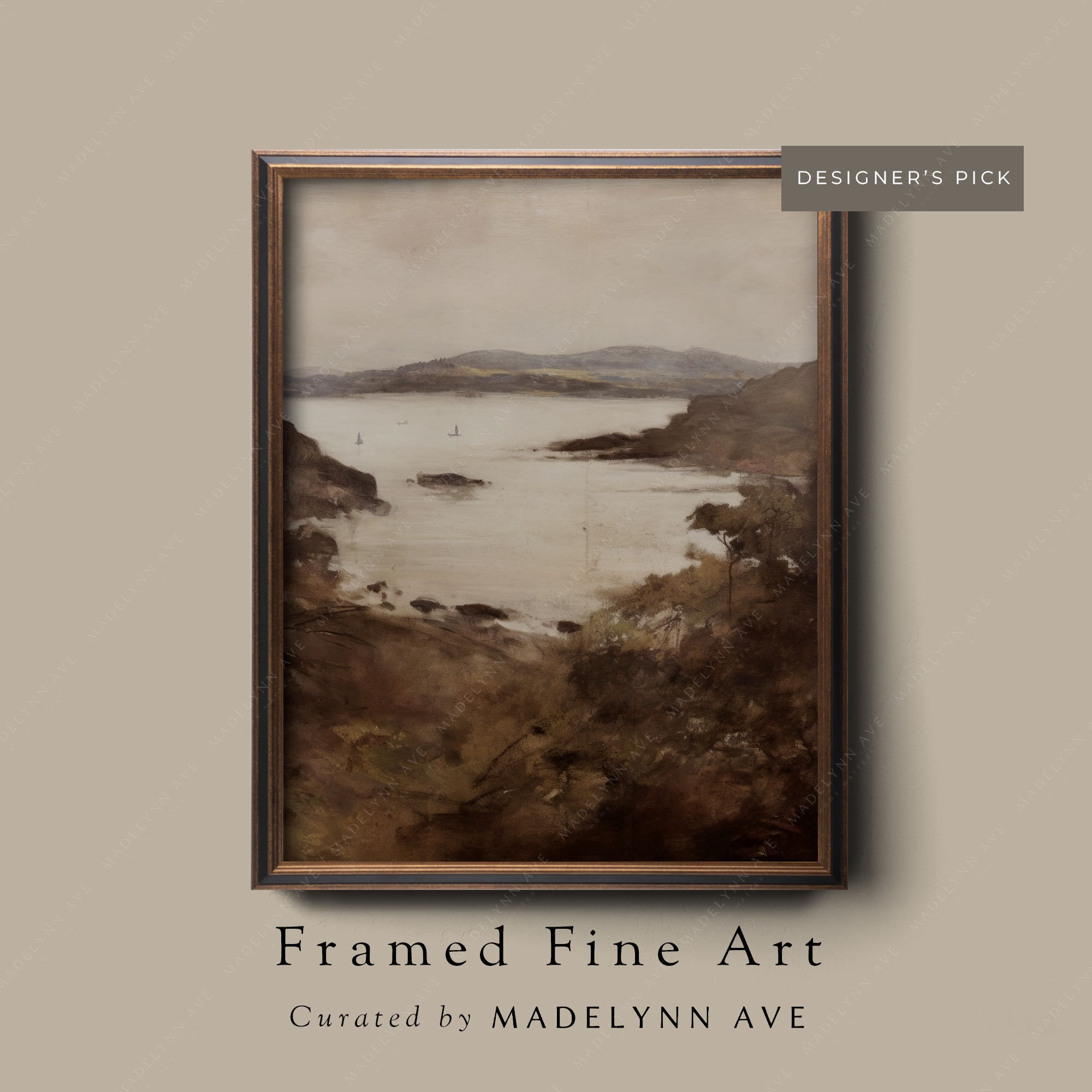 Framed Moody Lakeside Art Print - Neutral Landscape Antique Style Wall ...