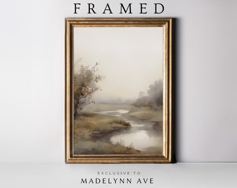 Framed Neutral Fall Landscape Art Print, Framed Abstract Fall Art Print, Framed Autumn Landscape with river, Framed Fall Watercolor