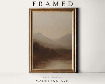 Framed Vintage Moody Lake Painting, Framed Dark Scenery Oil Painting, Framed Rustic Art, Framed Moody Lake Landscape, Vintage Landscape