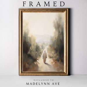 Framed painting of Christ, Jesus on the path, Framed Christian Art, Neutral Christian Art, Art about Christ Walnut frame, Savior framed art
