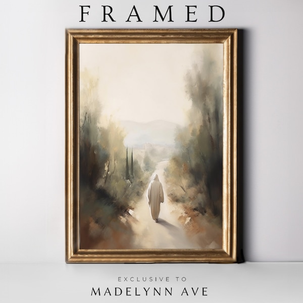 Framed painting of Christ, Jesus on the path, Framed Christian Art, Neutral Christian Art, Art about Christ Walnut frame, Savior framed art