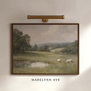 By Still Waters – Christian Unframed Art Print of Sheep in Pasture, Psalm 23 Inspired Landscape Wall Art - Paper or Canvas