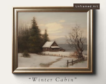 Vintage Winter Cabin Painting, Snowy Christmas Landscape Wall Art, Snowy Winter cabin, Christmas Wall Decor, Vintage Winter Print, Wall Art