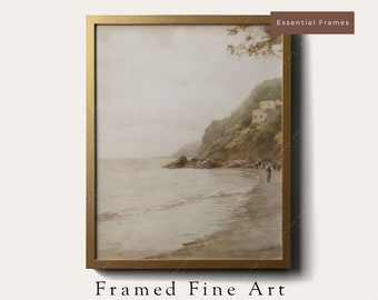 Lienzo enmarcado Pintura al óleo de la orilla del mar apagada Impresión artística Estilo vintage - Arte de pared costero neutro - Bellas artes para sala de estar - Marco de madera real