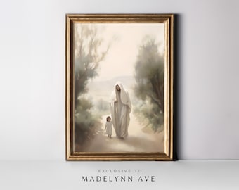 Puede incluir: Una pintura de un hombre con una túnica blanca caminando con un niño con un vestido blanco por un camino a través de un bosque. La pintura está en un marco dorado.