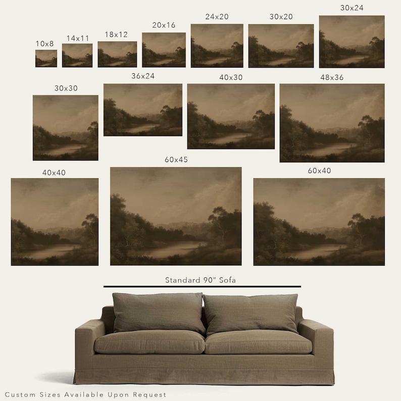 Puede incluir: Una pintura de paisaje en sepia que representa un lago con &aacute;rboles y colinas en el fondo. La pintura est&aacute; disponible en varios tama&ntilde;os, incluyendo 10x8 pulgadas, 14x11 pulgadas, 18x12 pulgadas, 20x16 pulgadas, 24x20 pulgadas, 30x20 pulgadas, 30x24 pulgadas, 36x24 pulgadas, 40x30 pulgadas, 40x40 pulgadas, 48x36 pulgadas, 60x40 pulgadas y 60x45 pulgadas. La pintura se muestra sobre un sof&aacute; est&aacute;ndar de 90 pulgadas.