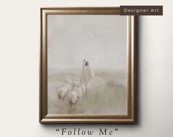 May include: A framed painting of a man in white robes walking with a staff, leading a flock of white sheep. The painting is titled "Follow Me" by Madelynn Ave.