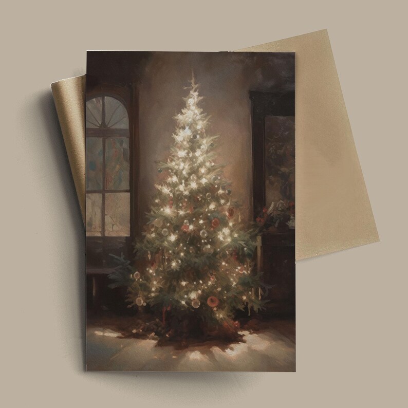 May include: A Christmas tree decorated with lights and ornaments stands in a dimly lit room. The tree is illuminated by warm, white lights, creating a festive atmosphere.