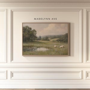 By Still Waters – Christian Framed Canvas Art Print of Sheep in Pasture, Psalm 23 Inspired Landscape Wall Art
