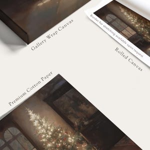 May include: A close-up of a Christmas tree with white lights and ornaments, in a room with a large window and a painting on the wall. The text "Gallery Wrap Canvas", "Premium Cotton Paper", and "Rolled Canvas" is visible on the image.