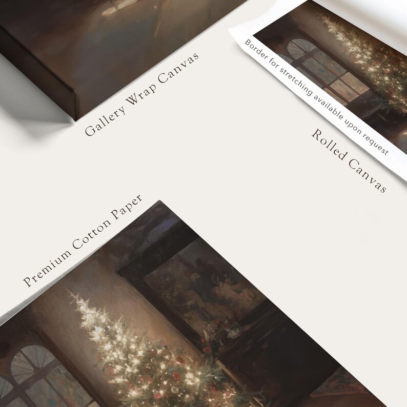 May include: A close-up of a Christmas tree with white lights and ornaments, in a room with a large window and a painting on the wall. The text "Gallery Wrap Canvas", "Premium Cotton Paper", and "Rolled Canvas" is visible on the image.