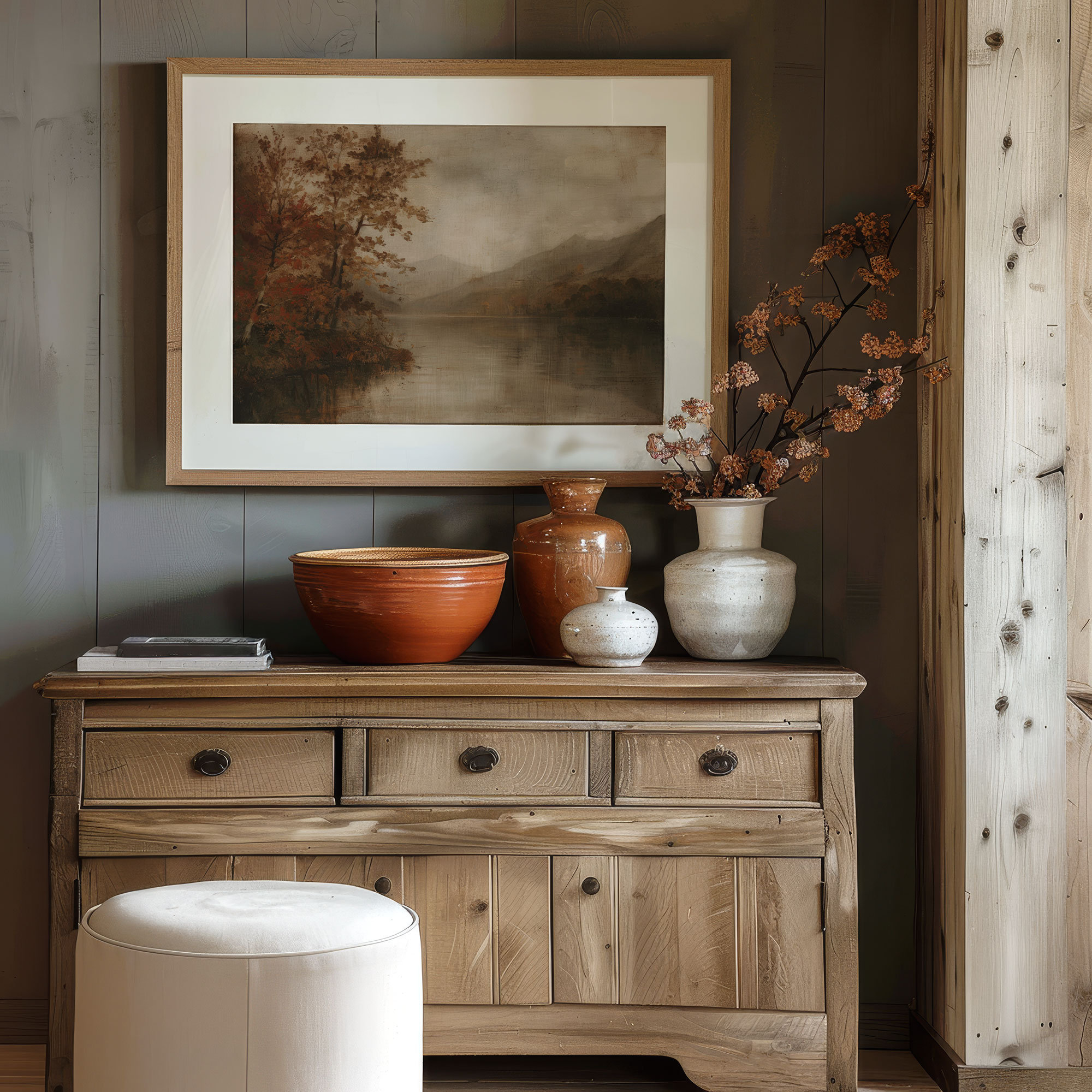 Rustic Moody Fall Lake Landscape, Vintage Autumn Oil Painting Wall Art ...