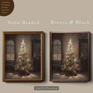 May include: Two framed prints of a Christmas tree in a room with a window. The print on the left has a gold beaded frame and the print on the right has a bronze and black frame. The text "Gold Beaded" is above the left print and the text "Bronze & Black" is above the right print. The text "16x20 Preview" is below the prints.