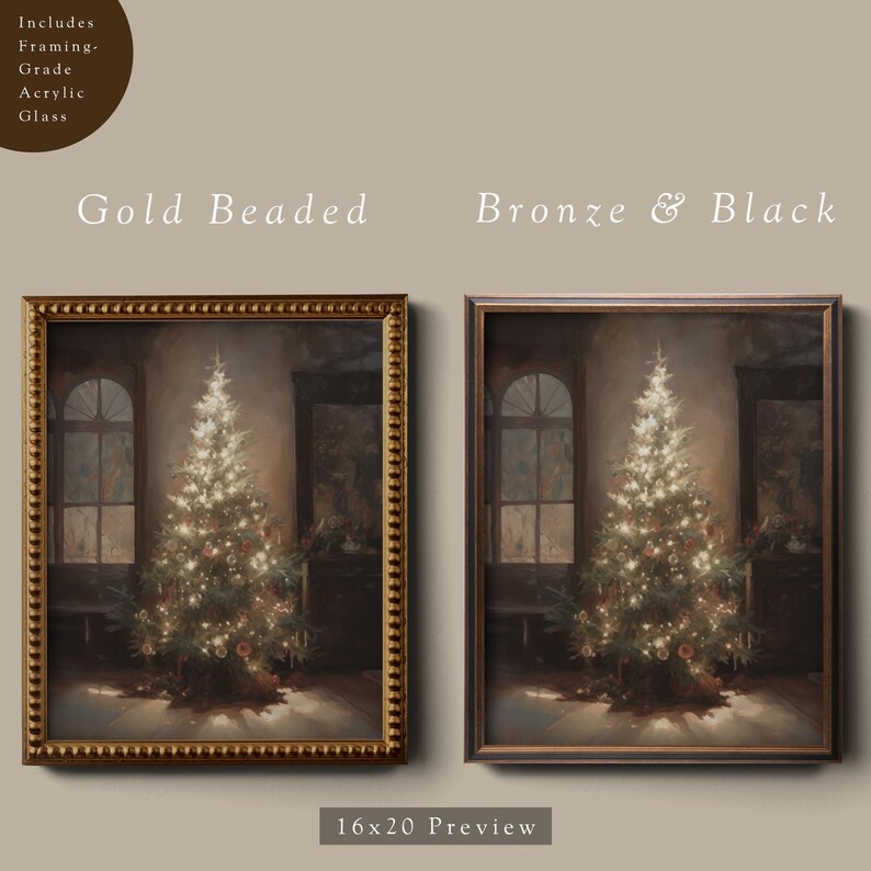 May include: Two framed prints of a Christmas tree in a room with a window. The print on the left has a gold beaded frame and the print on the right has a bronze and black frame. The text "Gold Beaded" is above the left print and the text "Bronze & Black" is above the right print. The text "16x20 Preview" is below the prints.