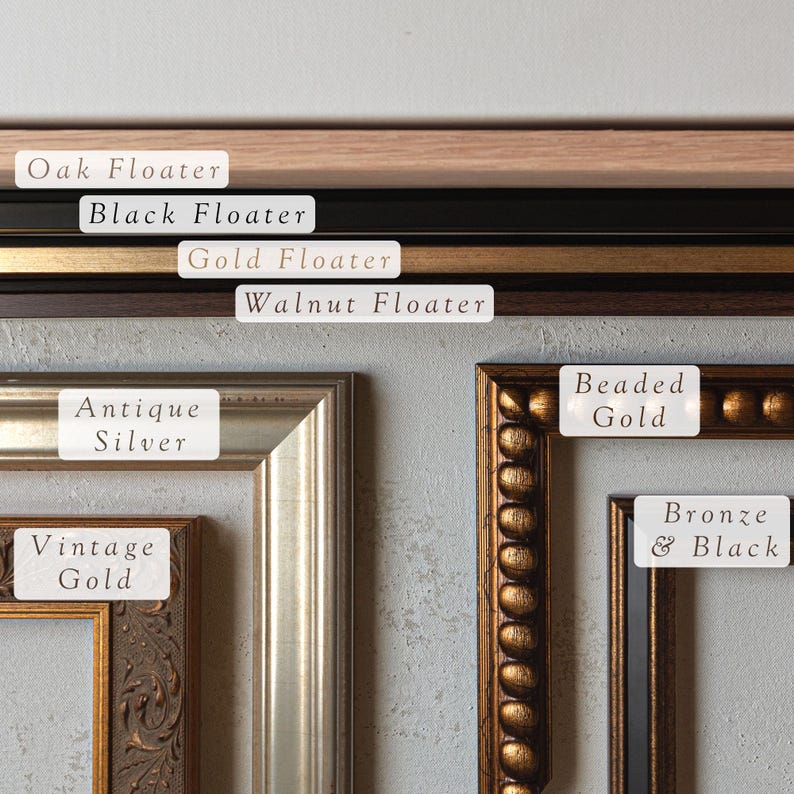 May include: A variety of picture frames in different colors and styles, including oak, black, gold, walnut, antique silver, vintage gold, beaded gold, and bronze and black.
