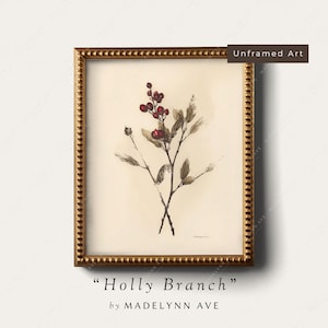 Holly Branch Art Print - Unframed Vertical Christmas Botanical Wall Art, Vintage Style Winter Holiday Decor