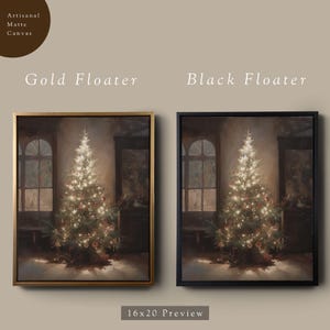 May include: A preview of a 16x20 inch Christmas tree painting on canvas. The painting shows a Christmas tree with lights and ornaments in a room with a window. The painting is available in two frame options: gold floater and black floater.
