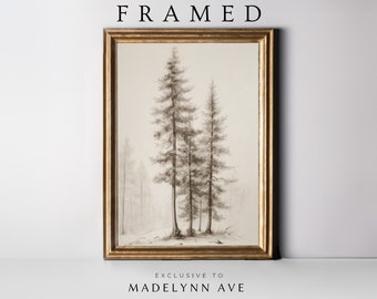 Framed Modern Pines Art Print, Framed Tree Sketch Art Print, Peaceful Framed Pines Sketch, Neutral Framed Artwork, Framed Artwork for Cabin