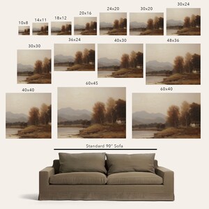 Lakeside Autumn Landscape Art Print Deep Moody Colors with Trees and Mountains - Large, Horizontal High Quality Painting on Canvas or Paper image 8