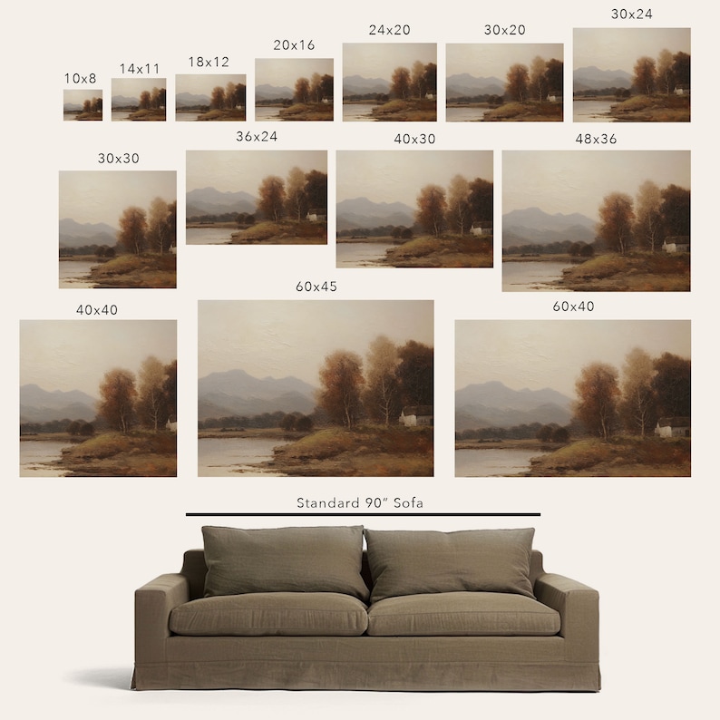 Lakeside Autumn Landscape Art Print Deep Moody Colors with Trees and Mountains - Large, Horizontal High Quality Painting on Canvas or Paper image 8