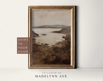Moody Painting, Moody Vintage Landscape Painting, Modern Landscape, Dark Brown Painting, Designer Art, Lake Painting, Antique Painting