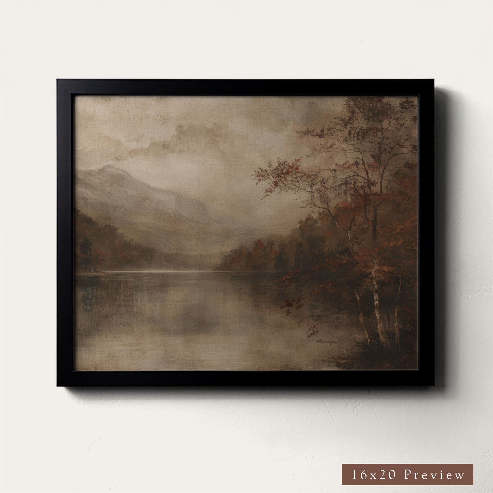 Framed Moody Fall Art Print Lake Landscape, Ready to Hang Vintage ...