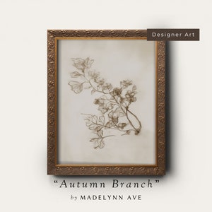 Antique Fall Branch Drawing Art Print - Vintage Fall Wall Art Botanical, Autumn Sketch Cottage Home Decor, Neutral Giclee Print for Home