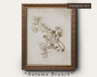 Antique Fall Branch Drawing Art Print - Vintage Fall Wall Art Botanical, Autumn Sketch Cottage Home Decor, Neutral Giclee Print for Home
