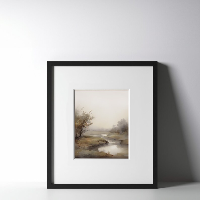 Neutral Fall Landscape Art Print, Abstract fall art print, Autumn Landscape with river Art, Fall landscape Watercolor, Autumn Art Print bild 6