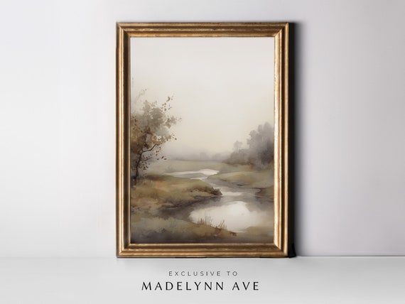 Neutral Fall Landscape Art Print, Abstract fall art print, Autumn Landscape with river Art, Fall landscape Watercolor, Autumn Art Print