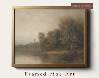 Framed Canvas Vintage Landscape Oil Painting Art Print Country Lakeside - Cottage Style Moody Artwork - Real Wood Frame Wall Art