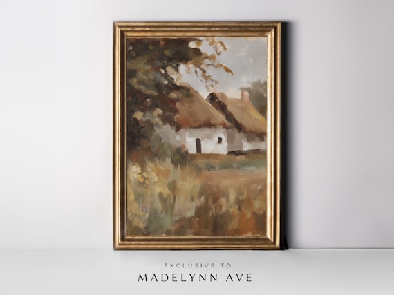 Vintage Country Cottage Art Print, Country Cottage Art Print, Fall Art Print, Fall Oil Painting, Cottage Oil Painting, Farmhouse Art Print