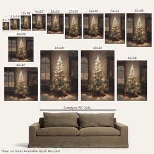 May include: A digital painting of a Christmas tree with white lights in a room with a window. The image is available in various sizes, including 8x10 inches, 11x14 inches, 12x18 inches, 16x20 inches, 20x24 inches, 20x30 inches, 24x30 inches, 24x36 inches, 30x40 inches, 30x30 inches, 40x40 inches, 45x60 inches, 40x60 inches, and 36x48 inches. The text "Standard 90" Sofa" is below the image. The text "*Custom Sizes Available Upon Request" is below the sofa.