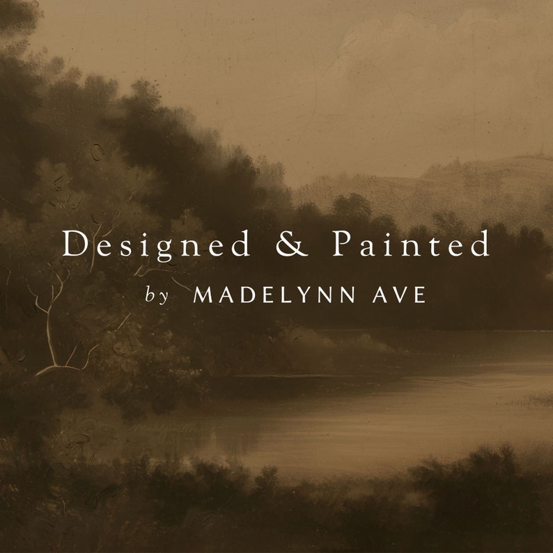 Puede incluir: Una pintura que representa una escena de lago con &aacute;rboles y colinas en el fondo. El texto "Designed & Painted by MADELYNN AVE" est&aacute; en primer plano.