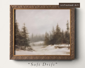 Modern Winter Pines Landscape Art Print - Vintage Style Wall Art, Seasonal Pine Trees Oil Painting for Christmas and Winter, Unframed