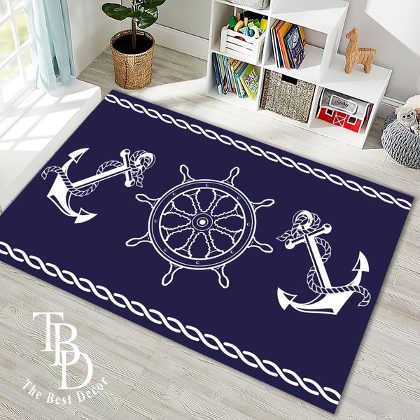 Navy Sailor Rug, White Anchor Blue Ocean Carpet, Sea Rug, Summer Mat, Rudder Rug, Nautical Carpet, Anchor Carpet, Ship Rudder Rug, Holiday