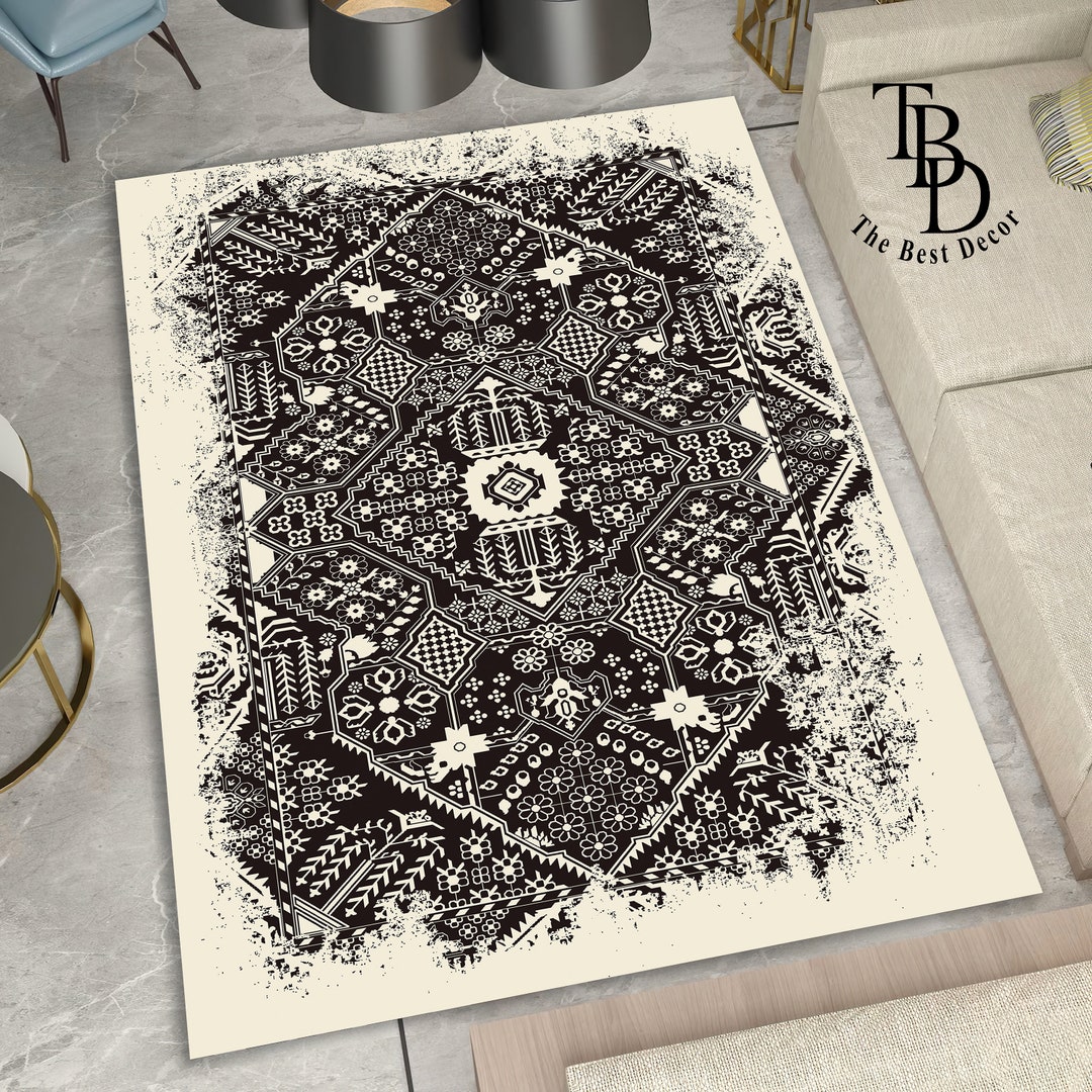 Traditional Rug Ethnic Rug Black White Mat Living Room Rug - Etsy