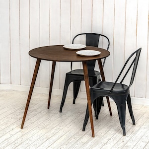 Round Dark Walnut Wooden Dining Room Table, Narrow Farmhouse Dine Table Kitchen, Rustic Small Breakfast 2 3 4 Table Easy Assemble Furniture