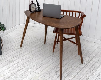 Ellipse Walnuss Home Office Laptop-Schreibtisch, rustikaler, handgebauter kleiner MacBook-Schreibtisch aus Holz, moderne Imac-Computertischmöbel aus der Mitte des Jahrhunderts