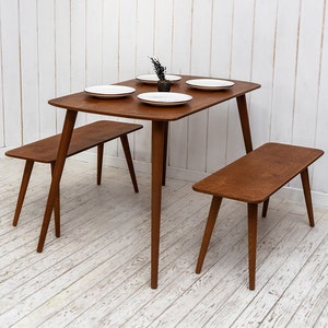 Esstisch aus Nussbaumholz, schmaler Esstisch und Bänke für die Küche, rustikales kleines Frühstück 2 3 4-Sitzer, platzsparende Möbel für das Esszimmer